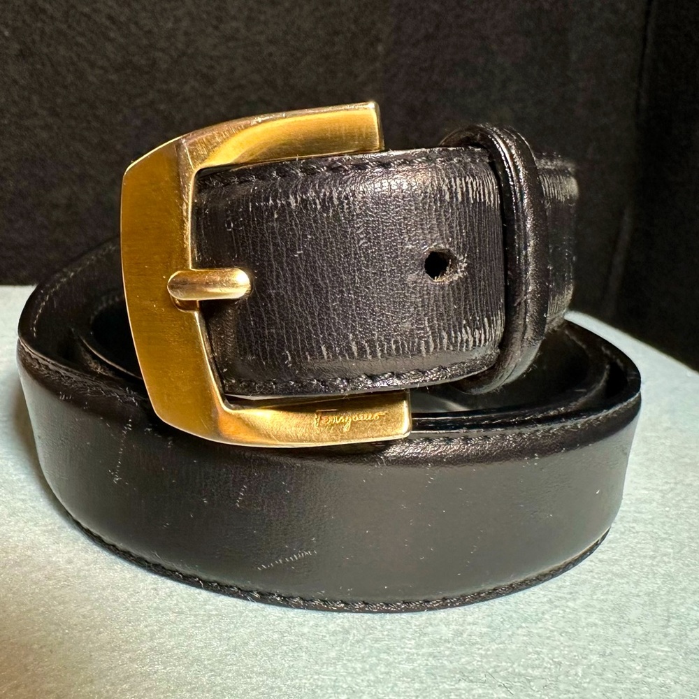 Salvatore Ferragamo Vintage Black Leather Belt W/ Gold Tone Signed Buckle-Sz 36